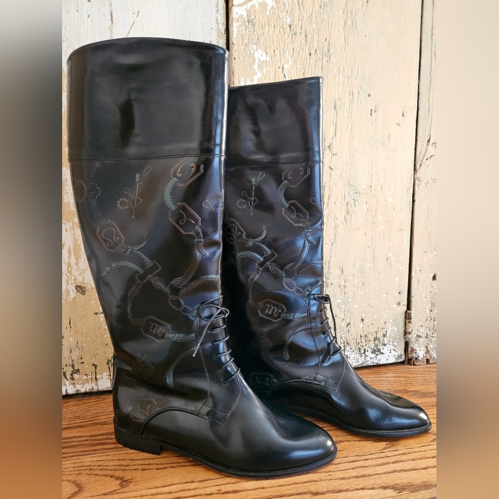 Larry Stuart Patterened Patent Leather Tall Knee High Boots-Size 7.5
